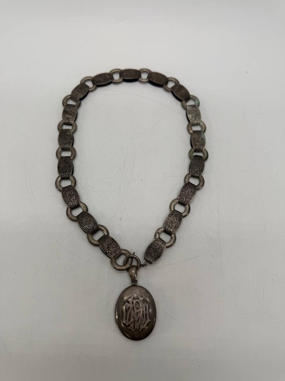 Sterling Ornate Book Chain Necklace Engraved Monogram Oval Locket Pendant